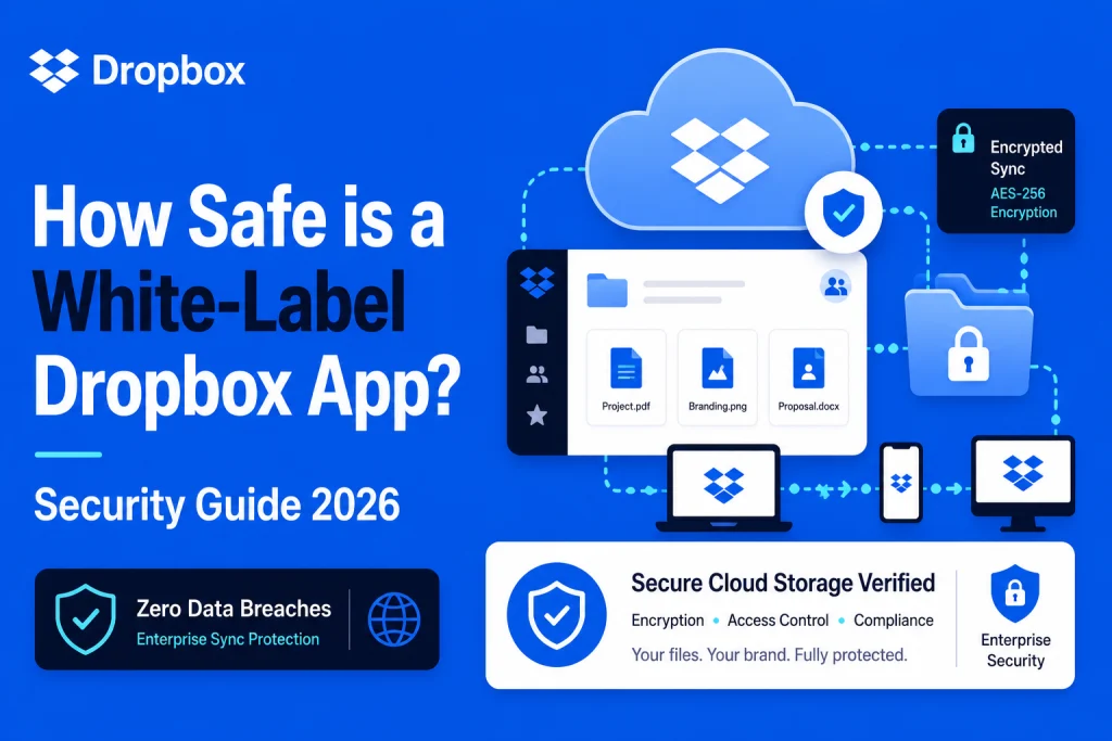 White-label Dropbox app security illustration showing encrypted cloud storage, secure file syncing, access control, and enterprise data protection