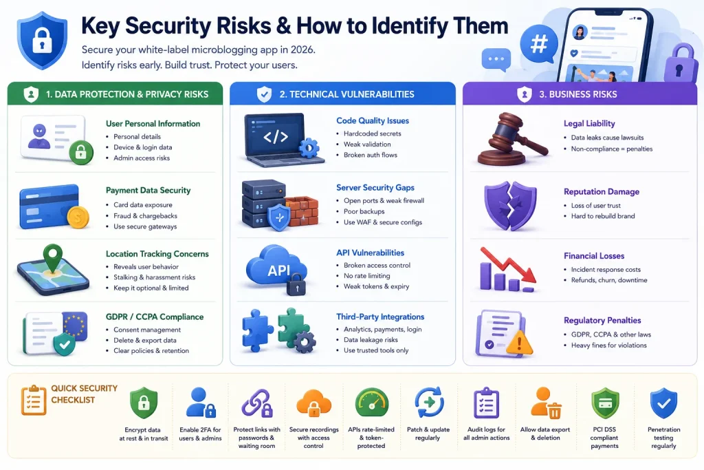 Microblogging app security risks infographic covering data privacy, API vulnerabilities, GDPR compliance, financial losses, and cybersecurity best practices