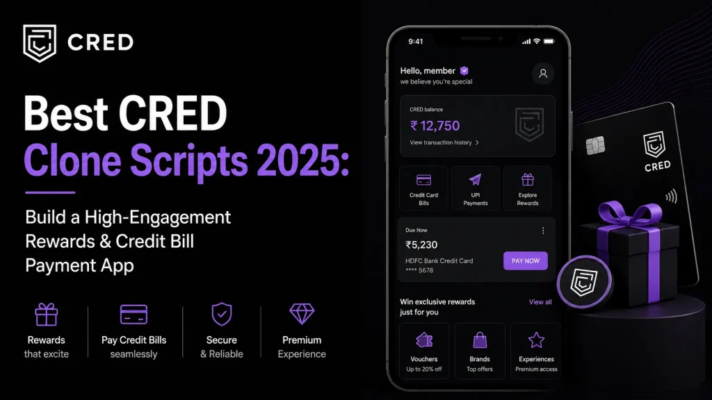 CRED clone app interface showing rewards, credit card bill payments, premium memberships, and fintech loyalty features