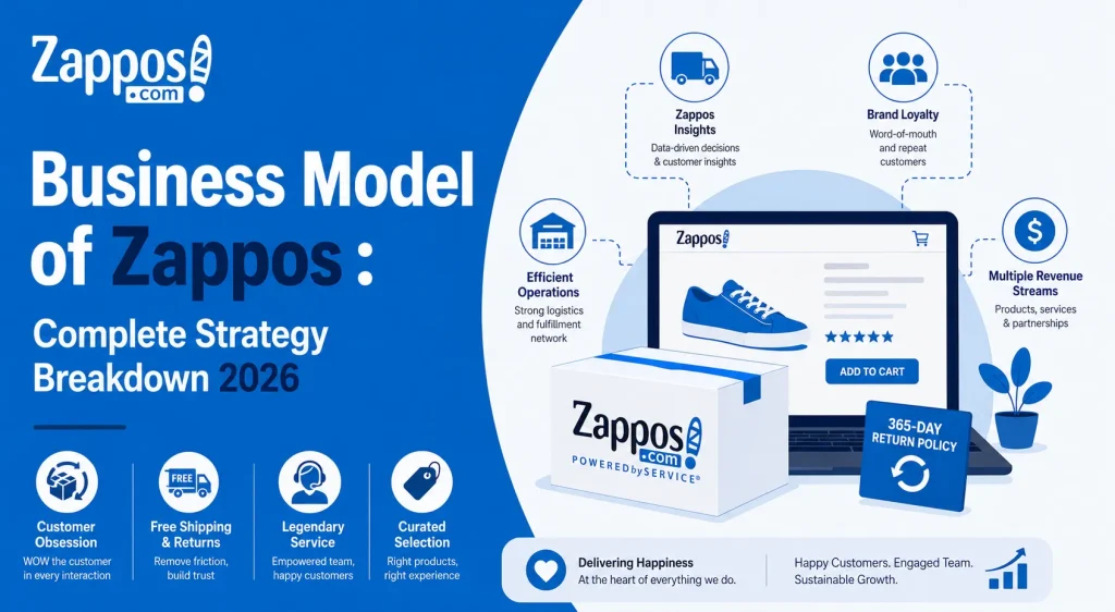 Zappos business model infographic showing customer-centric ecommerce strategy, logistics, loyalty, and revenue streams