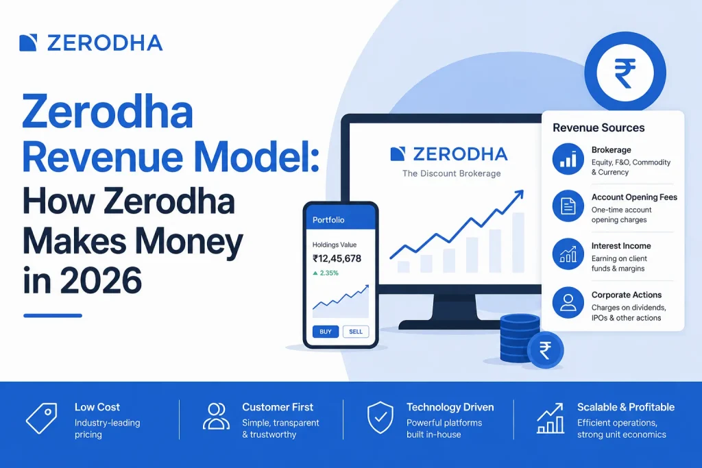 Zerodha revenue model infographic showing brokerage income, account opening fees, interest income, and fintech trading platform growth