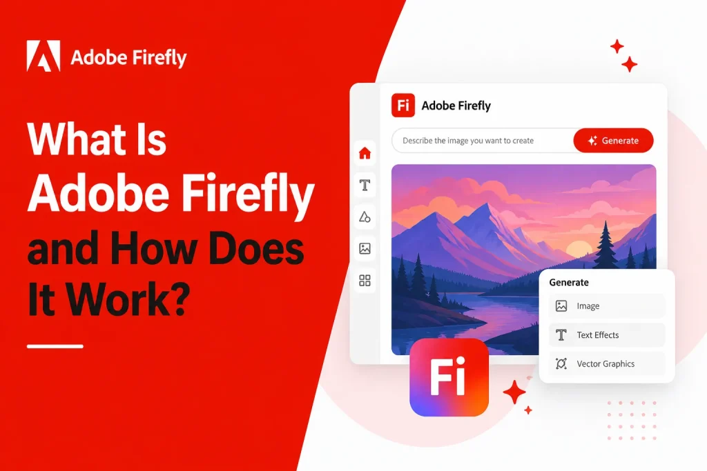 Adobe Firefly AI interface showing text-to-image generation, vector graphics creation, and generative design tools