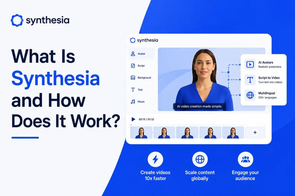 Synthesia AI video generation platform interface with AI avatars, script-to-video workflow, and multilingual video creation features