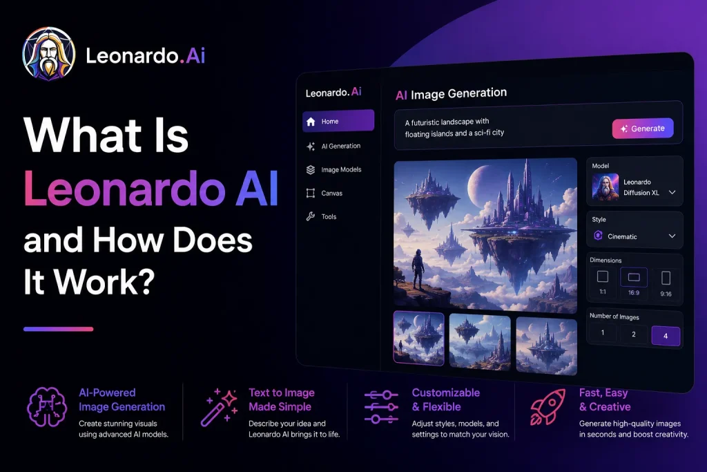 Leonardo AI interface showing AI image generation, text-to-image prompts, cinematic styles, and customizable creative tools