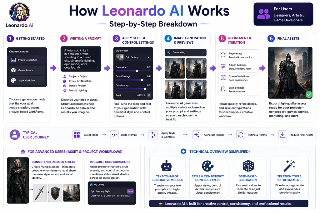 Leonardo AI workflow infographic showing prompt writing, style controls, image generation, refinement tools, and AI asset creation process