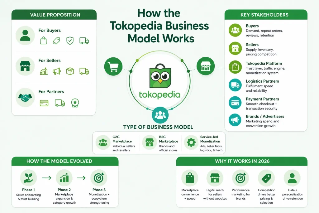 Tokopedia business model workflow infographic showing marketplace ecosystem, stakeholders, value proposition, and ecommerce monetization structure