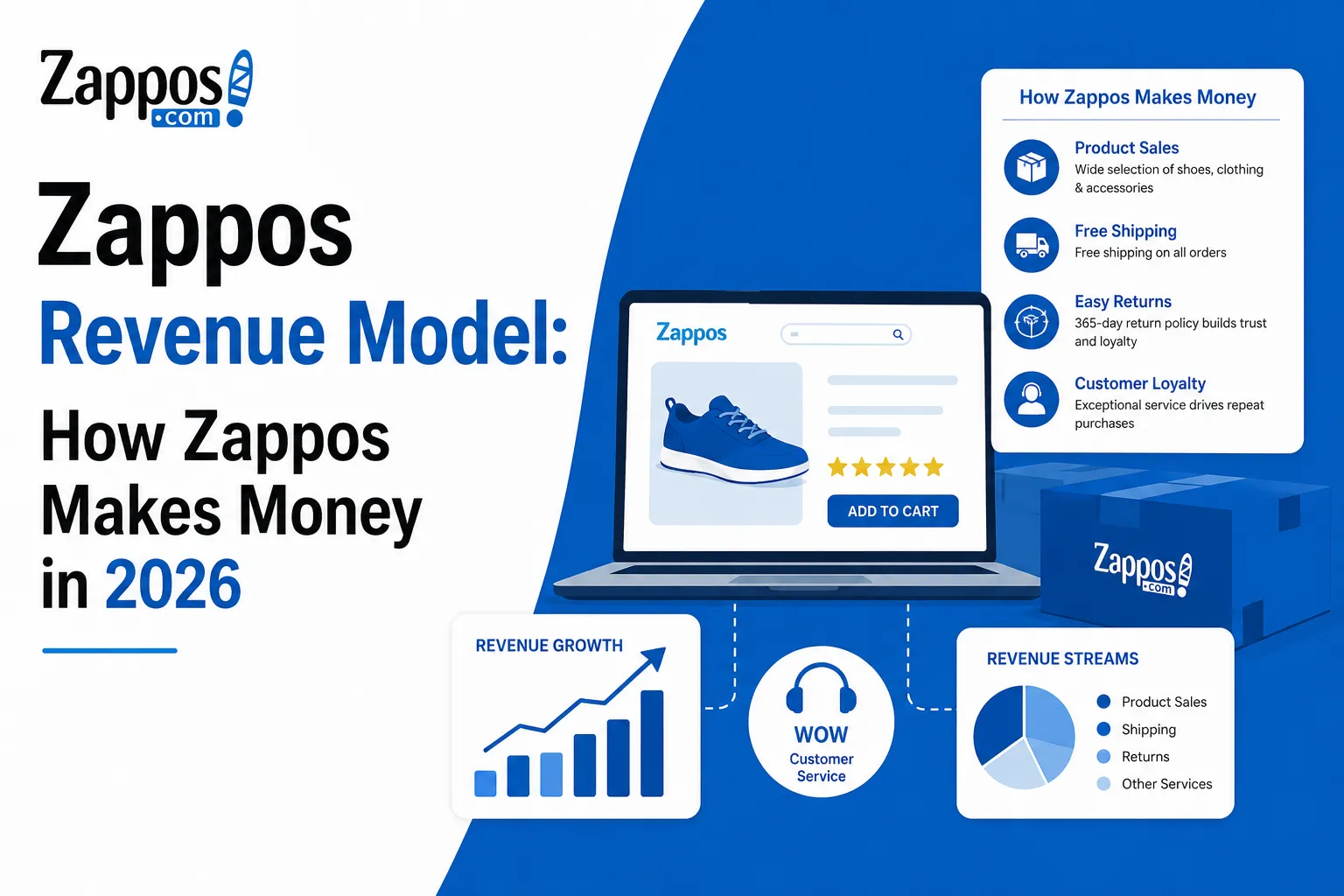 Zappos revenue model infographic showing product sales, customer loyalty, free shipping, easy returns, and ecommerce revenue streams
