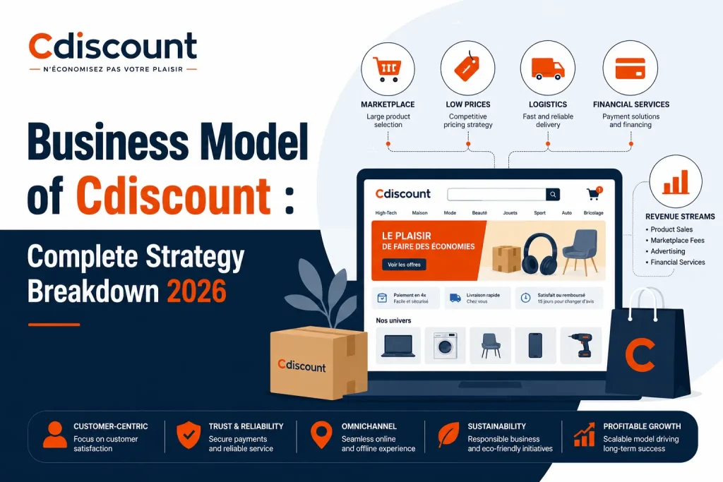 Cdiscount business model infographic showing ecommerce marketplace strategy, logistics, financial services, revenue streams, and omnichannel retail growth