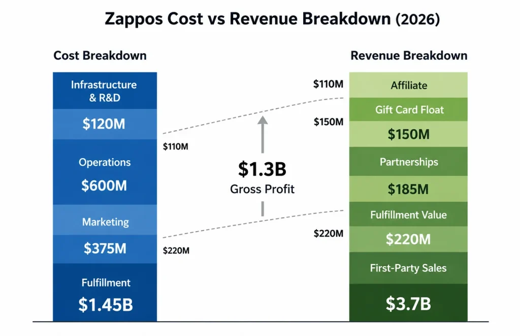 Zappos cost vs revenue breakdown chart showing fulfillment costs, marketing expenses, operations, partnerships, and ecommerce revenue streams
