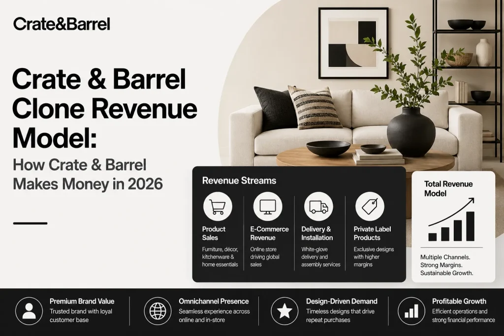 Crate and Barrel clone revenue model infographic showing ecommerce furniture sales, delivery services, private label products, and omnichannel growth