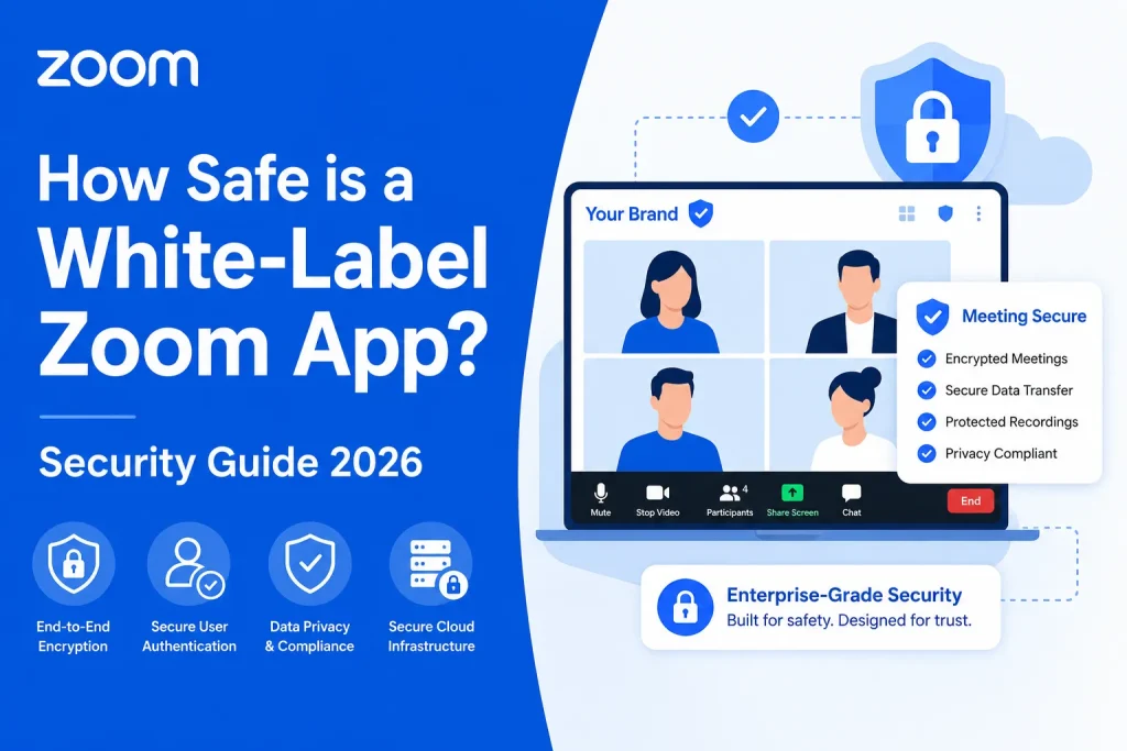 White-label Zoom app security infographic showing encrypted video meetings, secure authentication, cloud infrastructure, and privacy compliance features