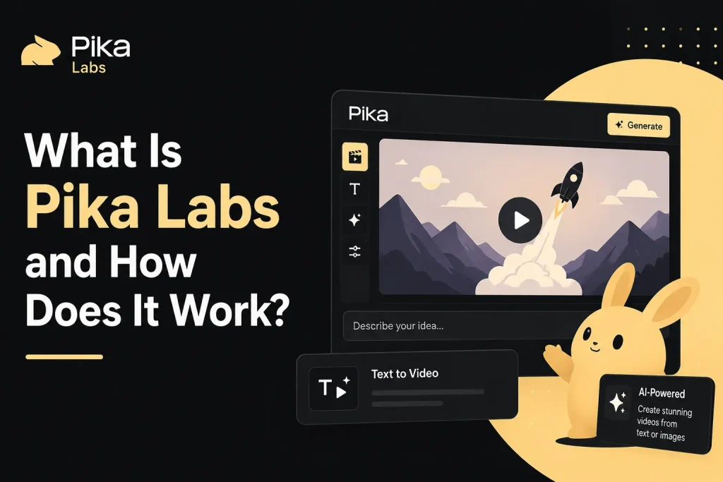 Pika Labs AI video generation platform interface showing text-to-video creation, AI-powered content generation, and creative video automation tools