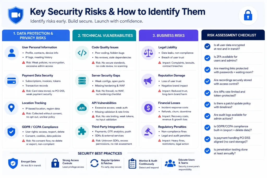 White-label Zoom app security risks infographic showing data privacy risks, API vulnerabilities, compliance issues, and security assessment checklist