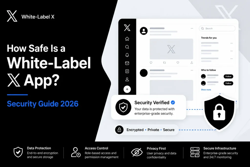 White-label X app security infographic showing encrypted social platform infrastructure, privacy protection, access control, and secure enterprise-grade social media app architecture
