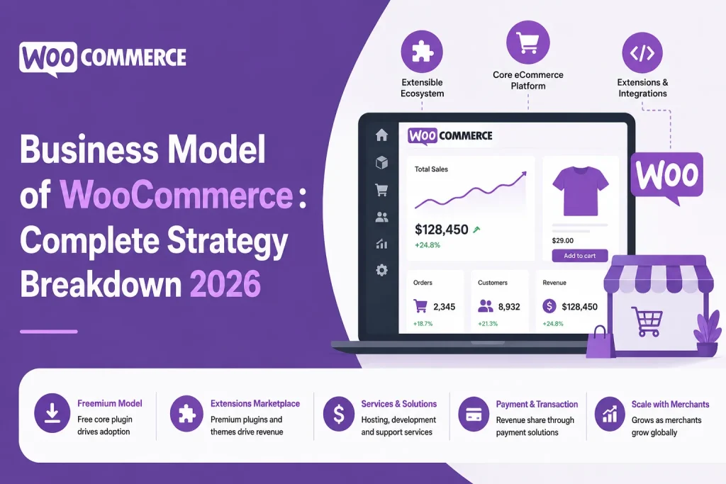 WooCommerce business model infographic showing ecommerce platform revenue streams, plugin ecosystem, payment solutions, extensions marketplace, and scalable online store growth