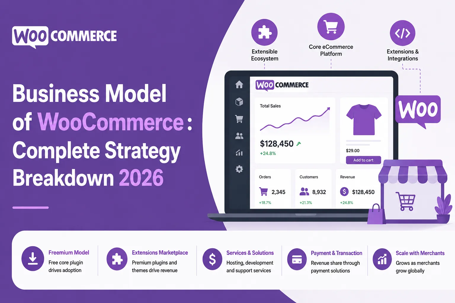 WooCommerce business model infographic showing ecommerce platform revenue streams, plugin ecosystem, payment solutions, extensions marketplace, and scalable online store growth