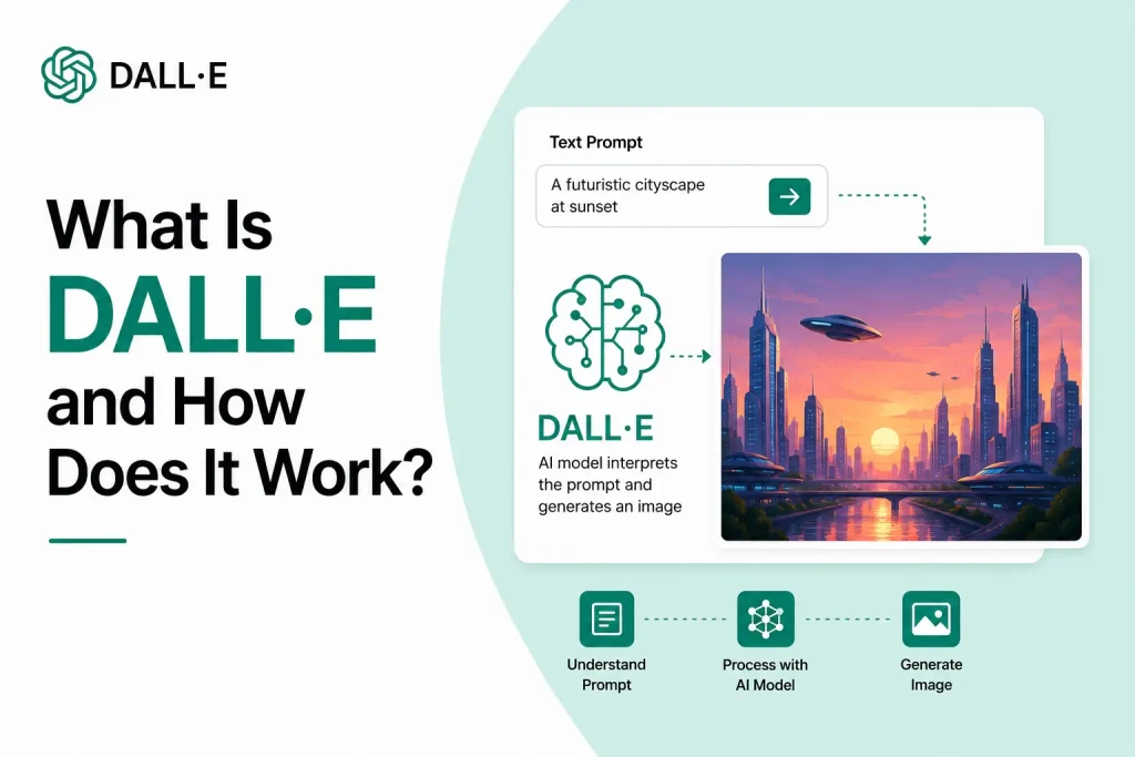 DALL·E AI image generation infographic showing text prompt to image creation workflow using artificial intelligence