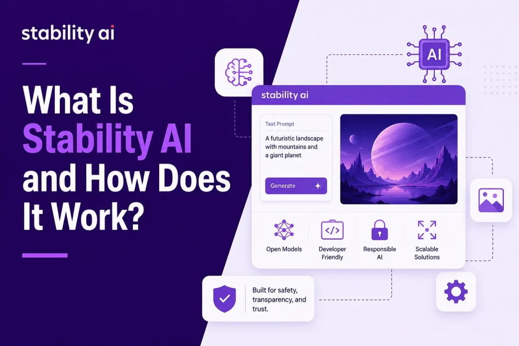 Stability AI infographic showing AI image generation platform with text prompt workflow and generative AI interface