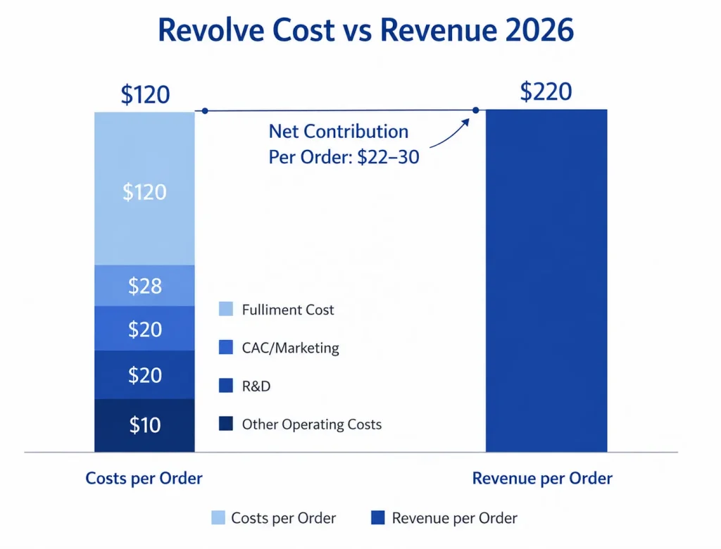 Revolve cost vs revenue comparison chart showing fulfillment, marketing, R&D costs, and revenue per order in 2026
