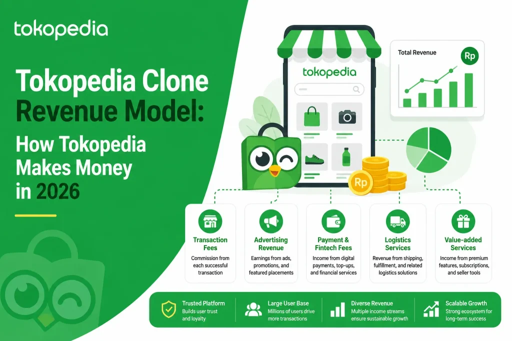 Tokopedia clone revenue model infographic showing marketplace monetization through transaction fees, ads, fintech, and logistics services