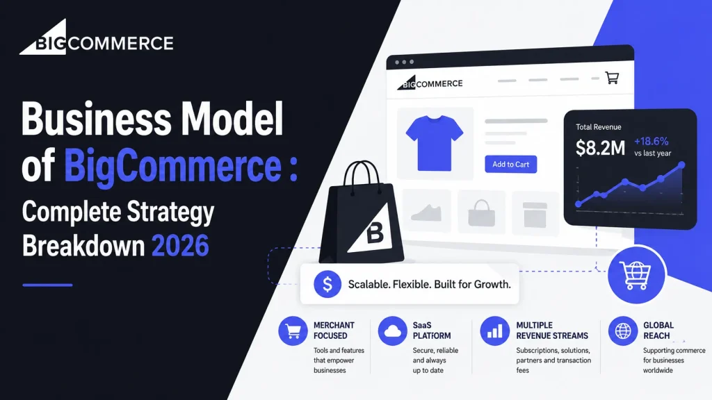 BigCommerce business model infographic showing SaaS eCommerce platform revenue streams, merchant tools, subscriptions, and global commerce growth