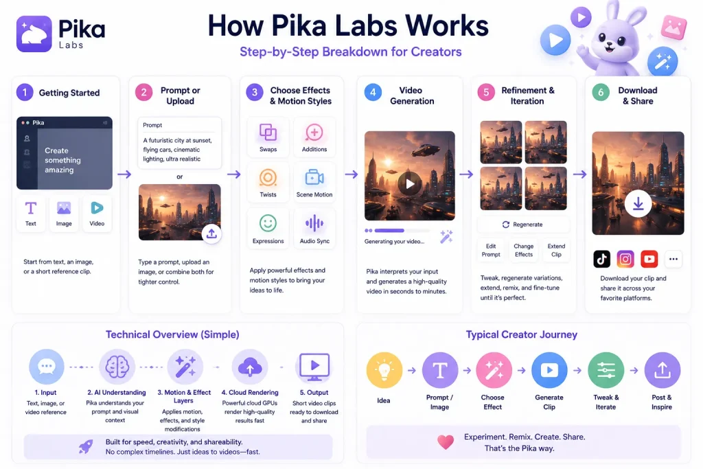 What Is Pika Labs and How Does It Work? 1 Pika Labs workflow infographic showing AI video generation process from prompt input to video creation, editing, and sharing