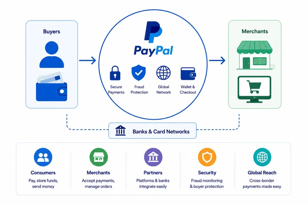 Diagram explaining how PayPal connects buyers, merchants, banks, and global payment networks through secure digital payments