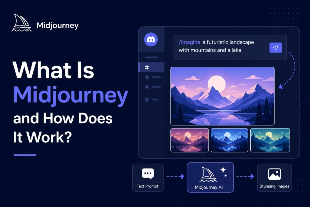 Midjourney AI image generation interface with text prompt, Discord-based workflow, and AI-generated landscape artwork