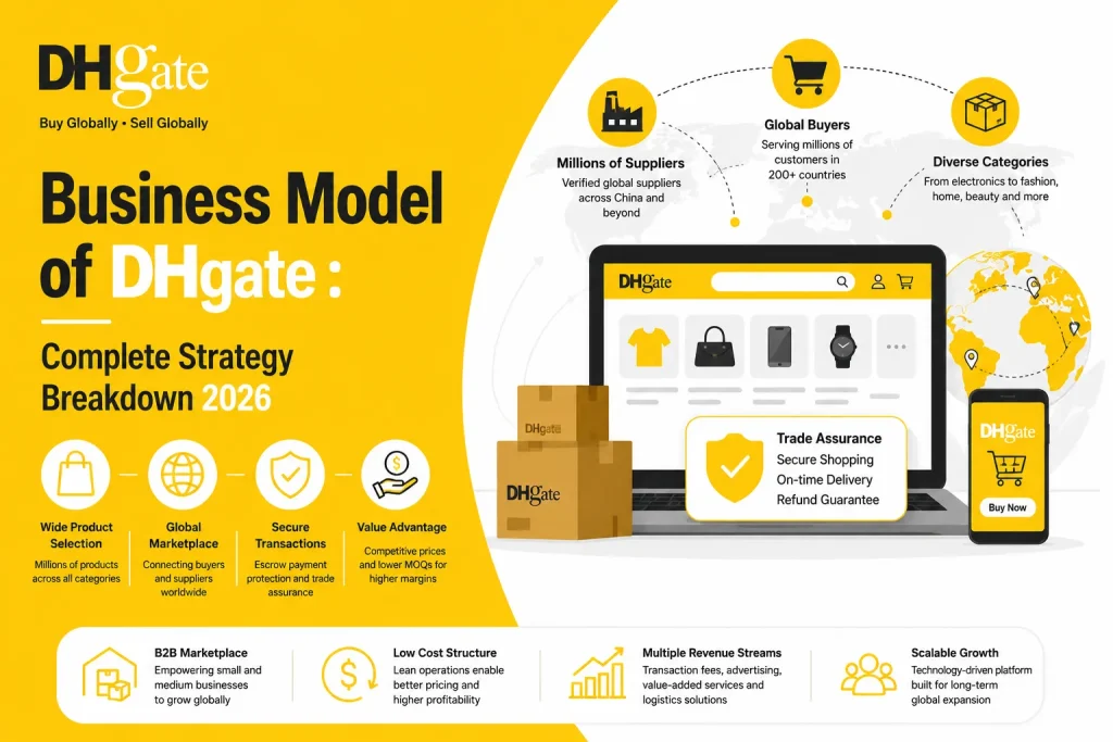 DHgate business model infographic showing global B2B marketplace operations, suppliers, buyers, trade assurance, and ecommerce revenue streams
