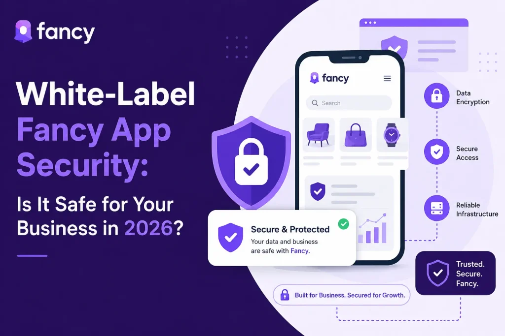White-label Fancy ecommerce app security illustration with mobile shopping interface, encryption, secure access, and protected infrastructure