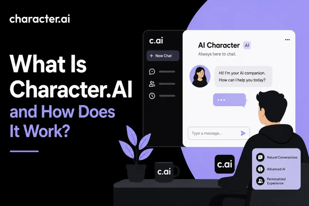 Character AI chatbot interface with AI companion conversation, personalized chat experience, and conversational AI platform dashboard