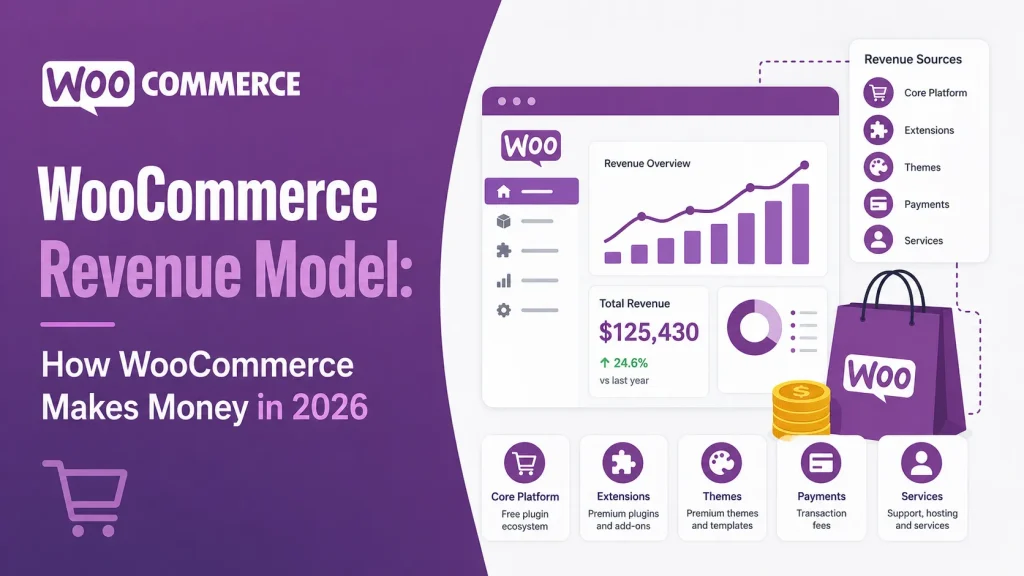 WooCommerce revenue model infographic showing ecommerce dashboard, plugin ecosystem, transaction fees, themes, and SaaS revenue streams