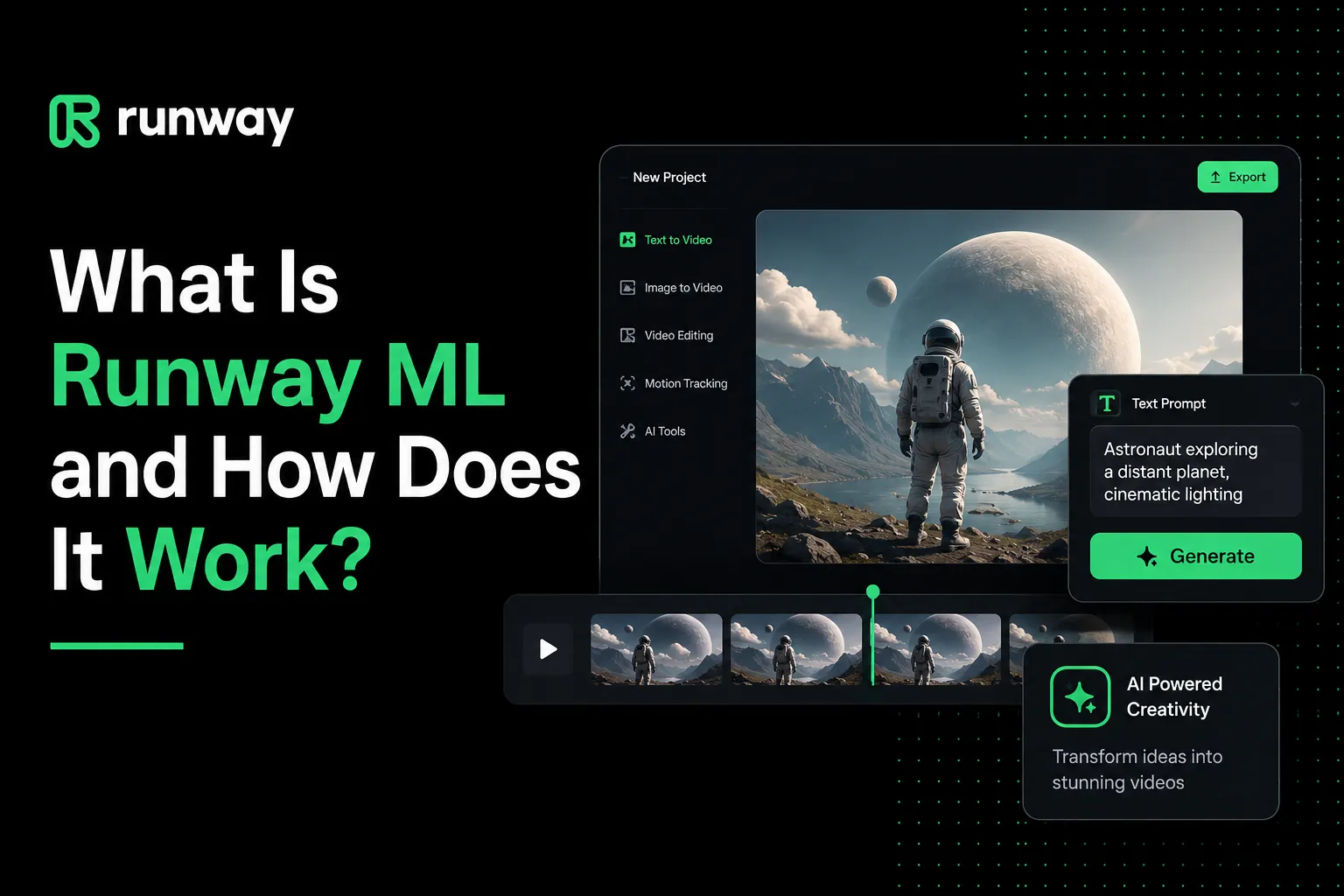 Runway ML AI video generation interface showing text-to-video creation, AI editing tools, motion tracking, and cinematic content generation