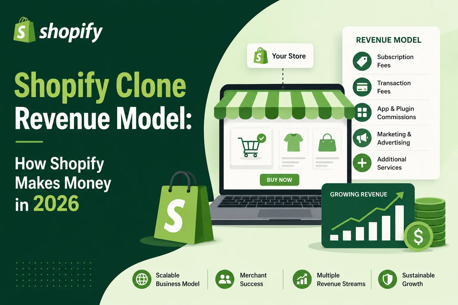 Shopify clone revenue model infographic showing subscription fees, transaction fees, app commissions, and ecommerce monetization streams