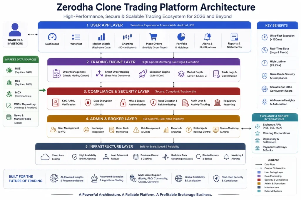 Best Zerodha Clone Scripts 2026 for Trading & Brokerage Startups 1 Zerodha clone trading platform architecture with user app trading engine compliance and admin layers