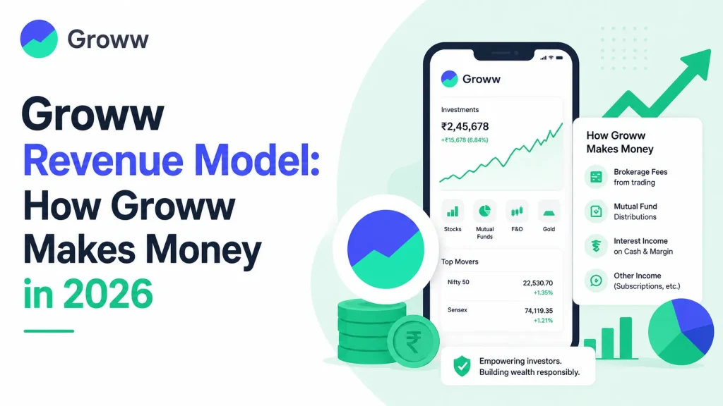 Infographic explaining Groww revenue model with brokerage fees, mutual fund distribution, subscriptions, and investment platform earnings