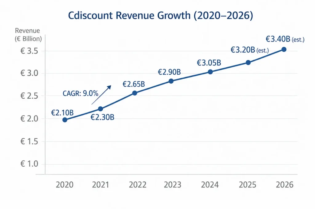 Line chart showing Cdiscount revenue growth from 2020 to 2026 with revenue values in euros, estimated 2025 and 2026 growth, and a 9 percent CAGR indicator.