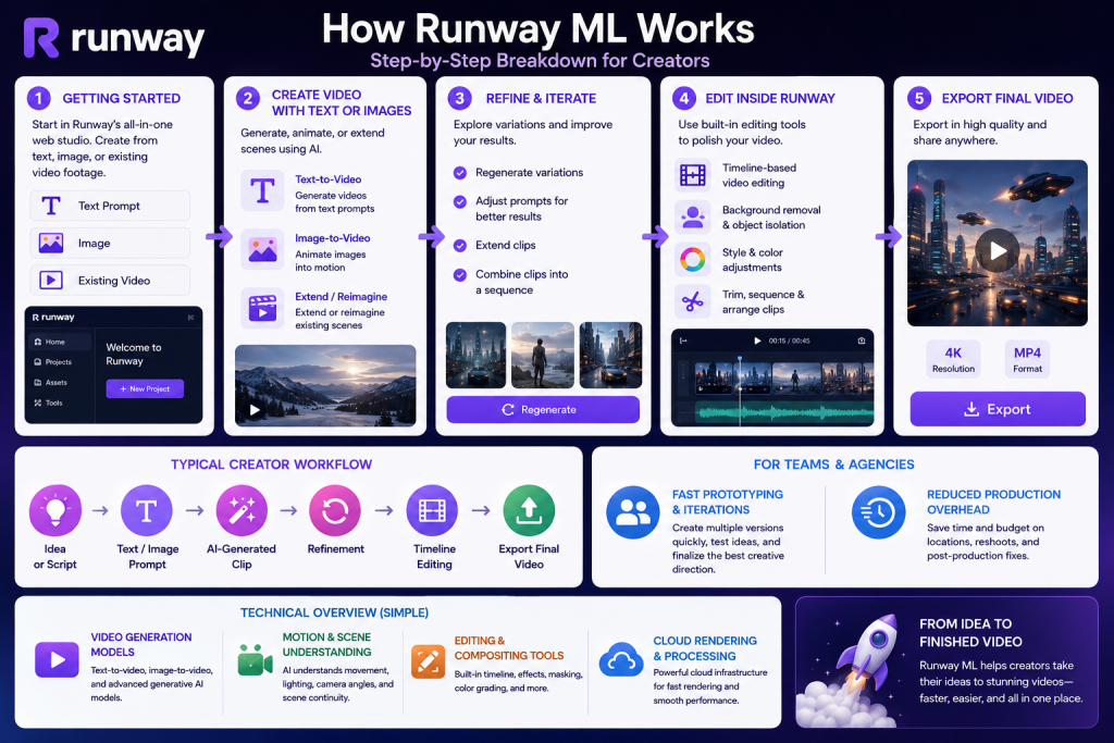 Runway ML workflow infographic showing AI video creation process from text prompts to video editing and export