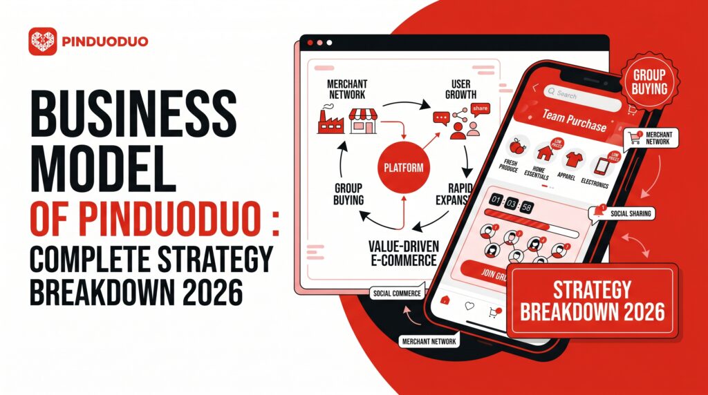 Pinduoduo business model banner showing a social commerce app with group buying, team purchase, merchant network, user growth, value-driven ecommerce, social sharing, and strategy breakdown visuals.