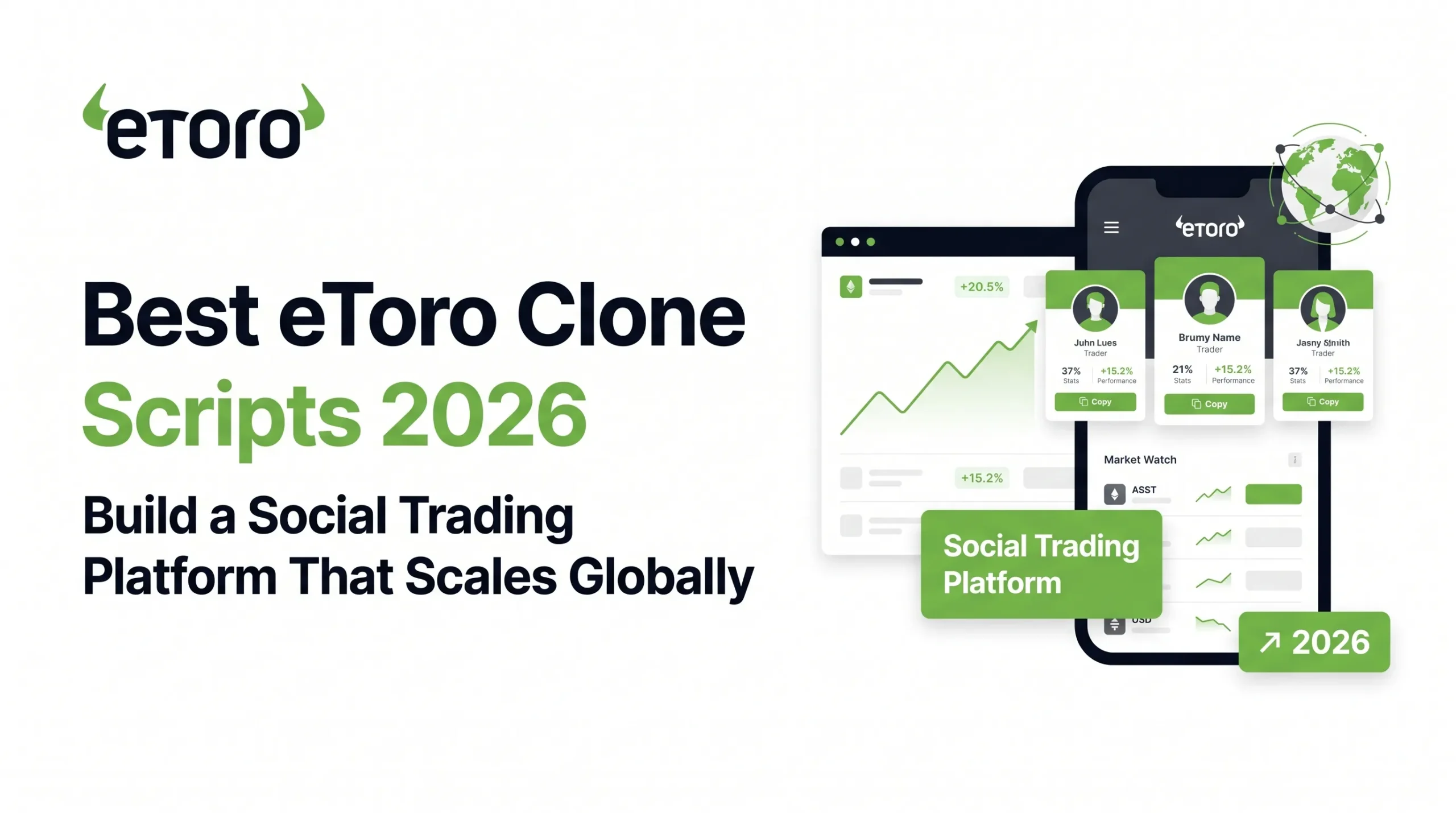 eToro clone script banner showing a social trading platform with trader profiles, copy trading cards, market watch dashboard, performance charts, global trading visuals, and 2026 fintech app features.