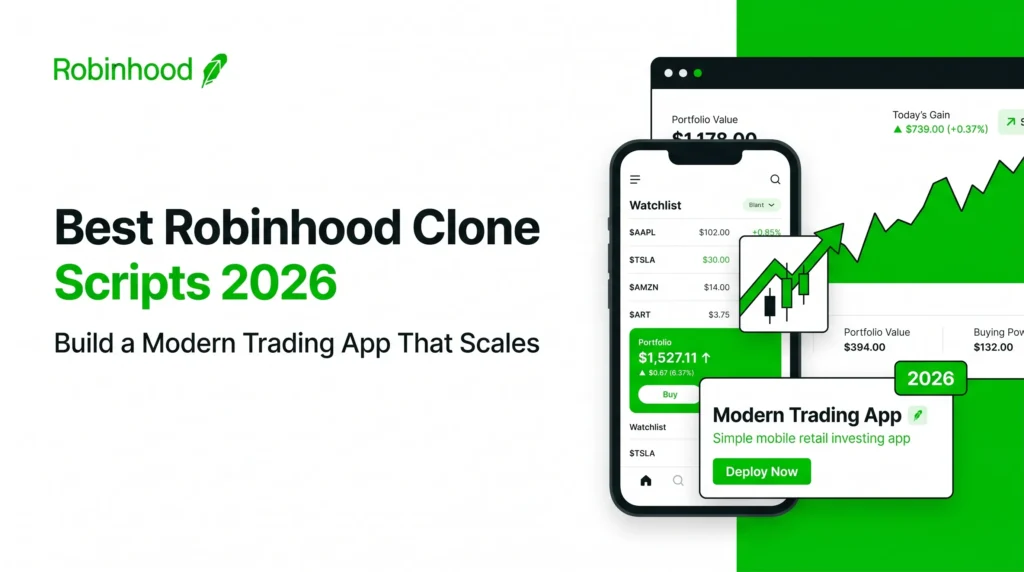 Robinhood clone script banner showing a modern trading app interface with watchlist, portfolio value, stock chart, market gains, buy option, and 2026 fintech investment app visuals.