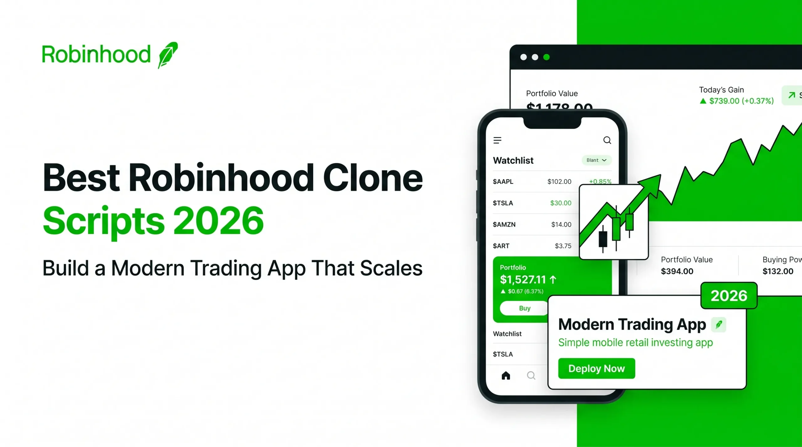 Robinhood clone script banner showing a modern trading app interface with watchlist, portfolio value, stock chart, market gains, buy option, and 2026 fintech investment app visuals.