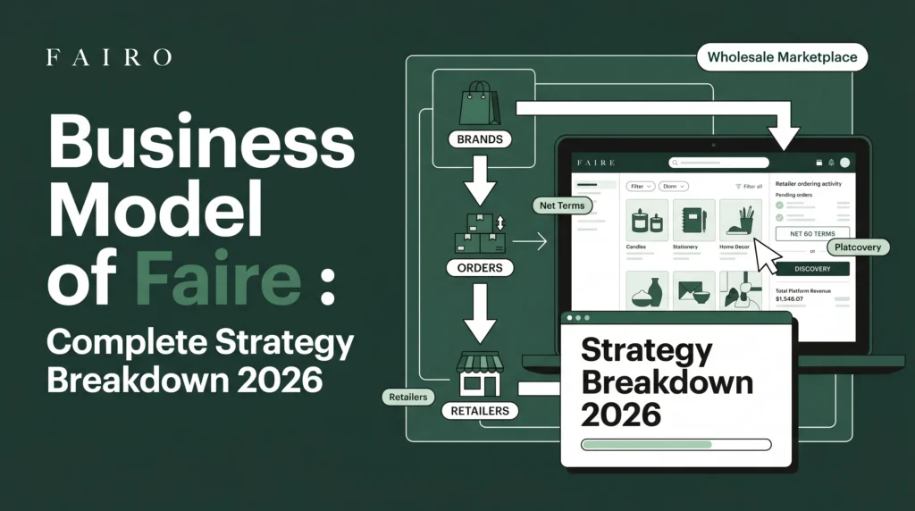 Faire business model banner showing a wholesale marketplace platform with brands, retailers, order flow, net terms, product discovery, retailer ordering activity, and 2026 strategy breakdown visuals.