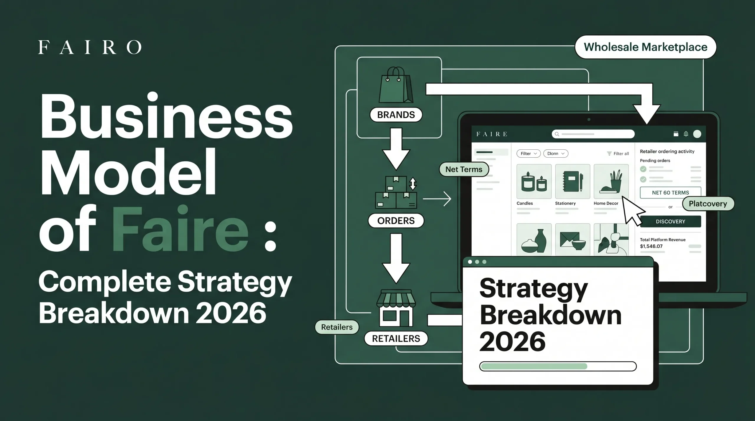 Faire business model banner showing a wholesale marketplace platform with brands, retailers, order flow, net terms, product discovery, retailer ordering activity, and 2026 strategy breakdown visuals.
