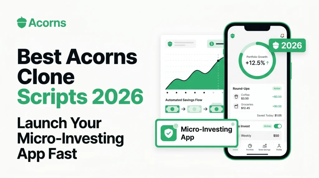Acorns clone script banner showing a micro-investing app with portfolio growth, automated savings flow, round-ups, recurring investments, and 2026 fintech app visuals.