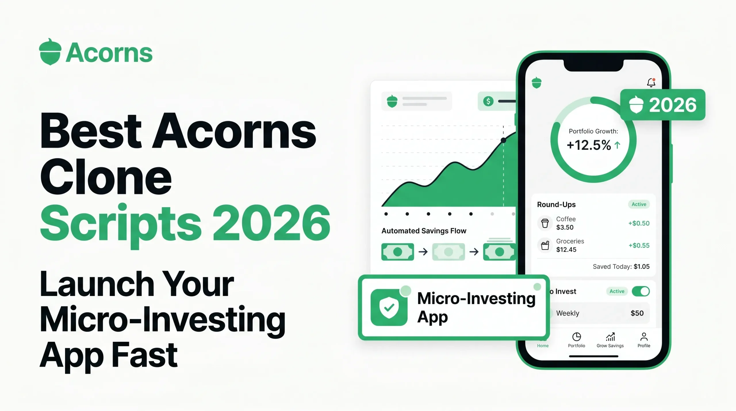 Acorns clone script banner showing a micro-investing app with portfolio growth, automated savings flow, round-ups, recurring investments, and 2026 fintech app visuals.