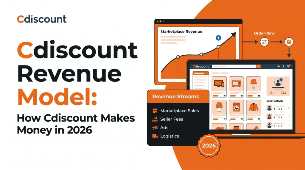 Cdiscount revenue model banner showing an ecommerce marketplace dashboard with marketplace revenue, product listings, order flow, seller activity, seller fees, ads, logistics, and 2026 revenue streams.