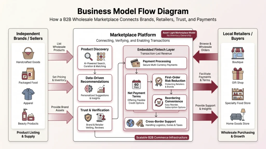 Business model flow diagram showing how a B2B wholesale marketplace connects independent brands, sellers, local retailers, buyers, product discovery, recommendations, trust verification, payments, net terms, and cross-border support.