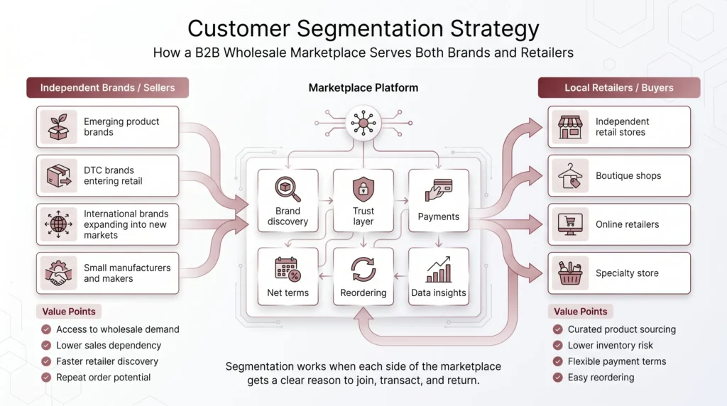 Infographic showing customer segmentation strategy for a B2B wholesale marketplace connecting independent brands, sellers, local retailers, buyers, brand discovery, trust layer, payments, net terms, reordering, and data insights.