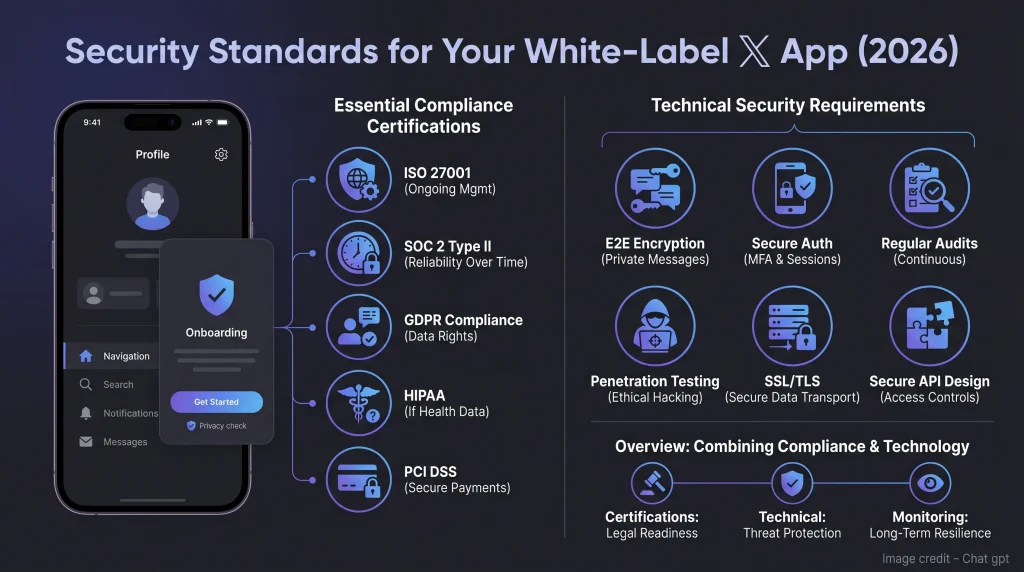 White-label X app security standards infographic showing GDPR compliance, ISO 27001 certification, encryption, secure authentication, API protection, and cybersecurity requirements